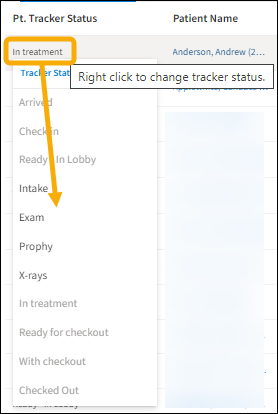 Pt tracker status with yellow highlight box around right clicked status showing the menu list options.